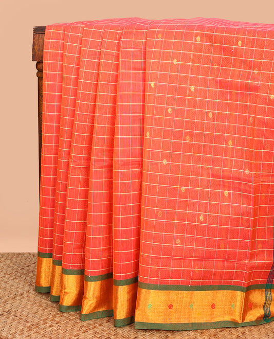 Orange Venkatagiri Cotton Saree, Adorned with Buttas and Checks on Its Body, Complemented by a Contrast Zari and Thread Border, Zari-Striped Pallu, and Comes Without a Blouse
