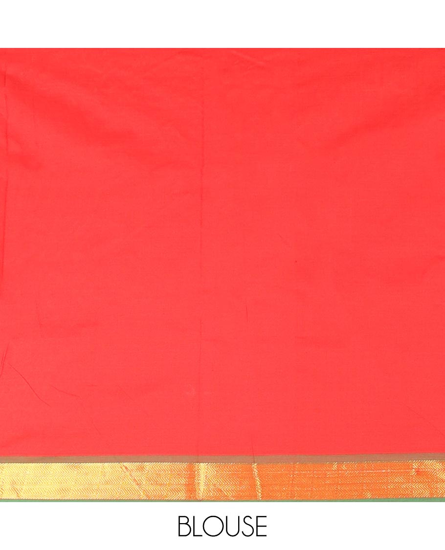 Orange Plain Poly Cotton Saree, Complemented by a Contrast Chevron Striped Zari Border, Pallu of Stripes, and Paired with a Contrast Blouse