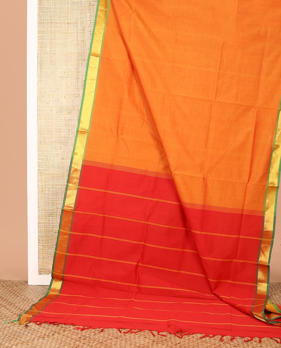 Orange Plain Poly Cotton Saree, Complemented by a Contrast Chevron Striped Zari Border, Pallu of Stripes, and Paired with a Contrast Blouse