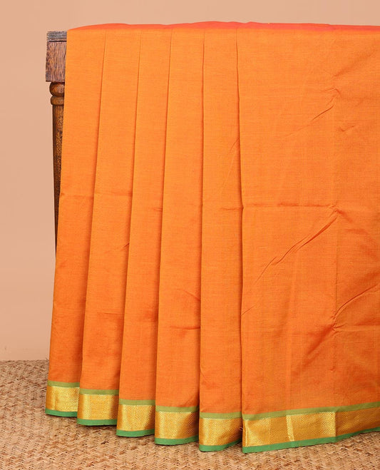 Orange Plain Poly Cotton Saree, Complemented by a Contrast Chevron Striped Zari Border, Pallu of Stripes, and Paired with a Contrast Blouse