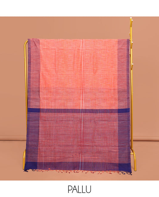 Orange Heathered Textured Mangalgiri Cotton Saree, Complemented by Contrast Border, Striped Pallu, and Paired with a Contrast Blouse