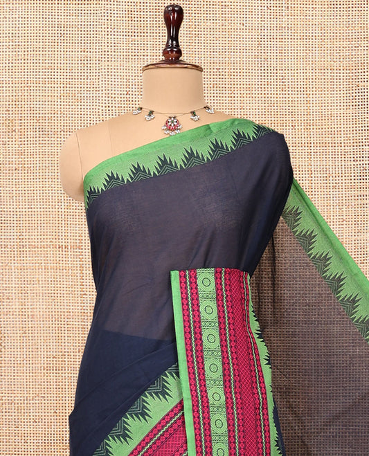 Navy Plain Chettinad Cotton Saree, Complemented by Contrast Temple Traditional Motifs Thread-Woven Border, Striped Pallu, and a Matching Blouse