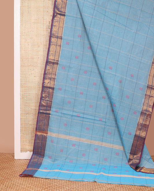 Blue checked and buttas Chettinad cotton saree, contrast traditional border, and checked pallu of buttas
