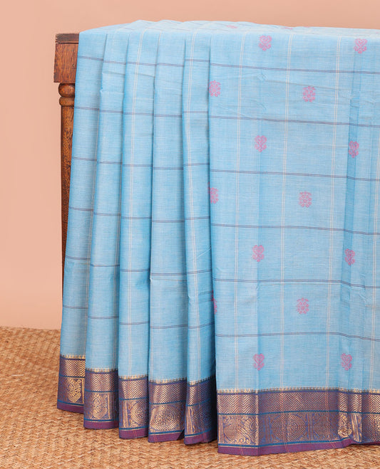 Blue checked and buttas Chettinad cotton saree, contrast traditional border, and checked pallu of buttas