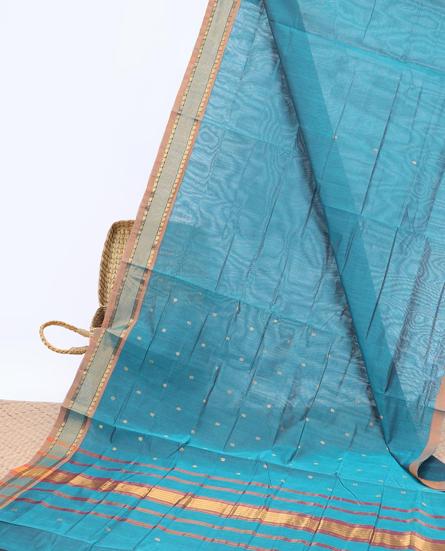 Blue buttas Vengatagiri cotton saree, contrast zari border & pallu of stripes