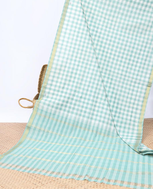 Turquoise blue medium checked Andhra cotton saree, self-border & striped pallu 