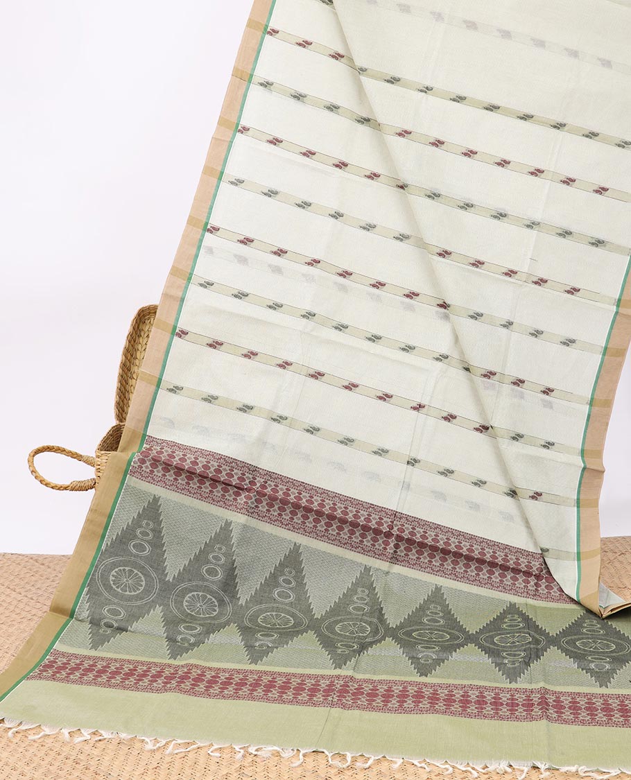 Off-white striped Coimbatore cotton saree, contrast border & pallu of traditional designs 
