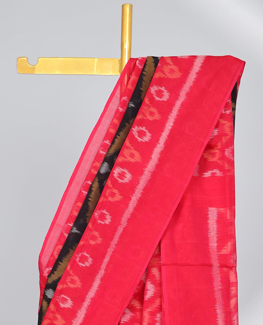 red and black argyle design ikkat cotton saree with self plain border & argyle design pallu