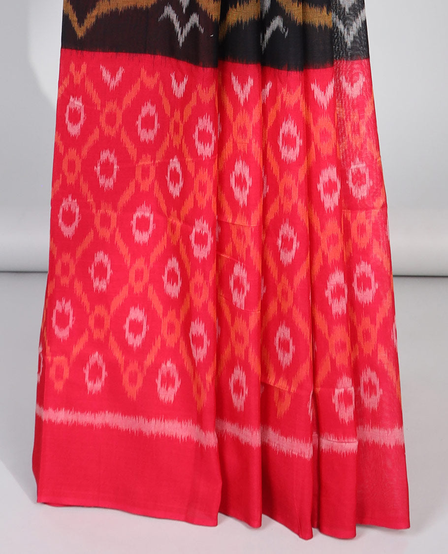 red and black argyle design ikkat cotton saree with self plain border & argyle design pallu