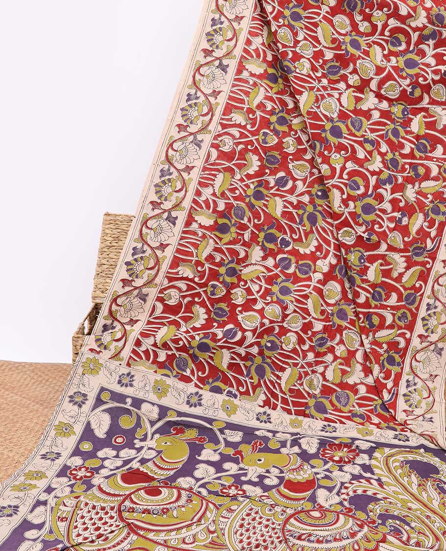 Red floral design machine-printed kalamkari cotton saree with contrast floral border & floral, peacock design pallu