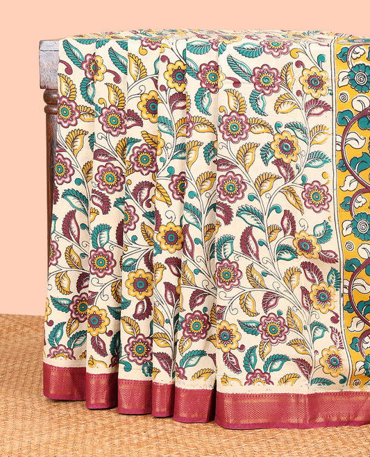 Off-White floral design machine-printed kalamkari cotton saree with contrast zari design border & animal motifs pallu