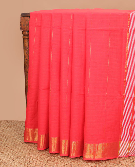 Red striped jute cotton saree, zari border, and striped pallu