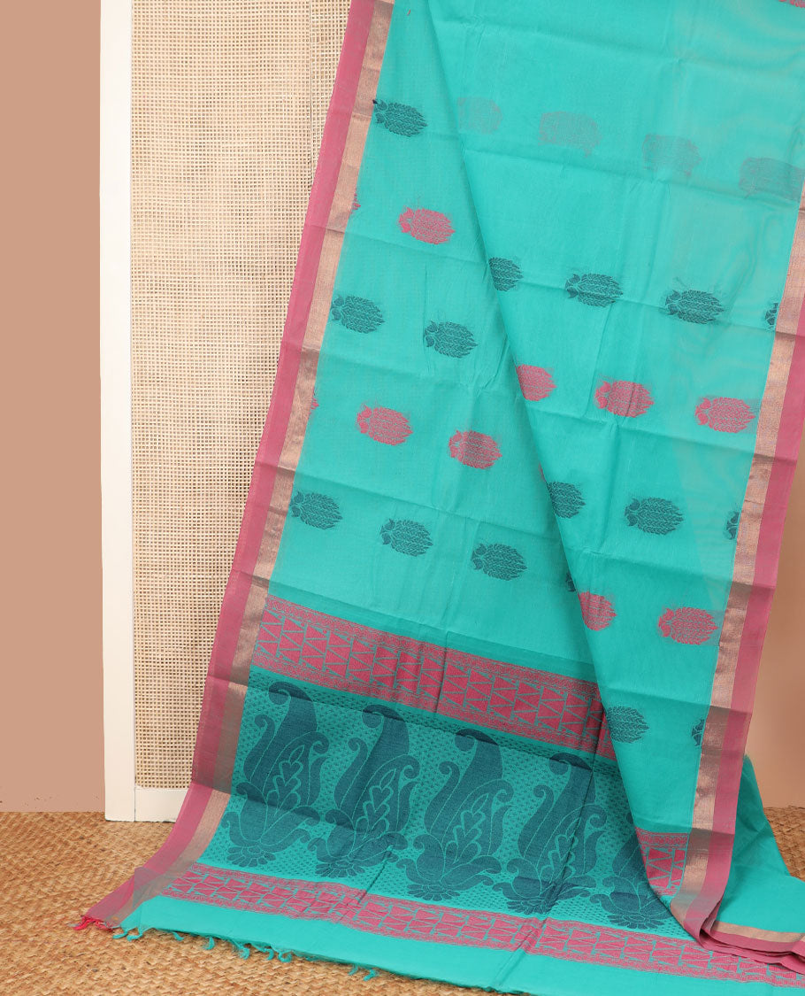 Blue buttas Kanchi cotton saree, contrast zari plain border, and pallu of big paisleys