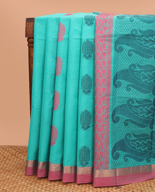 Blue buttas Kanchi cotton saree, contrast zari plain border, and pallu of big paisleys