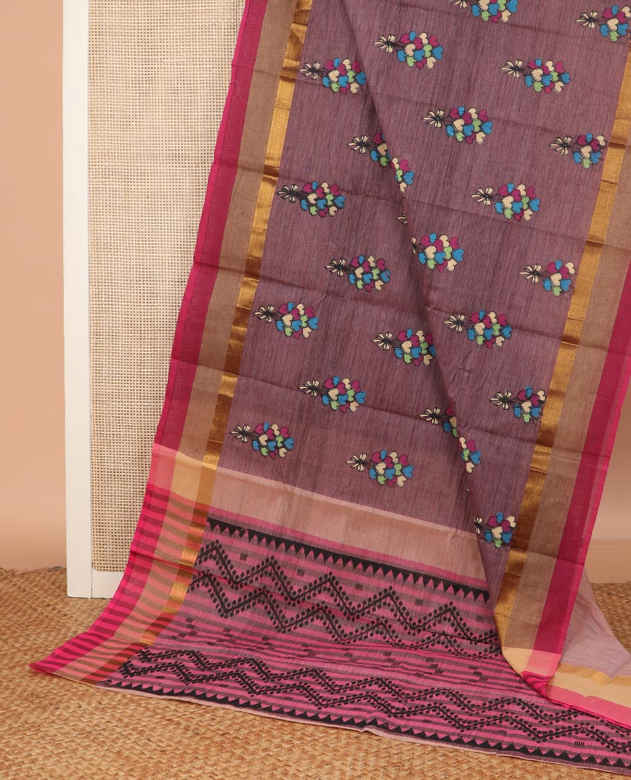 Brown heart ballon bouquet printed Chirala cotton saree, contrast border and pallu of geometric print