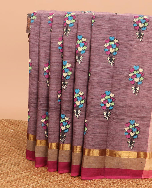 Brown heart ballon bouquet printed Chirala cotton saree, contrast border and pallu of geometric print