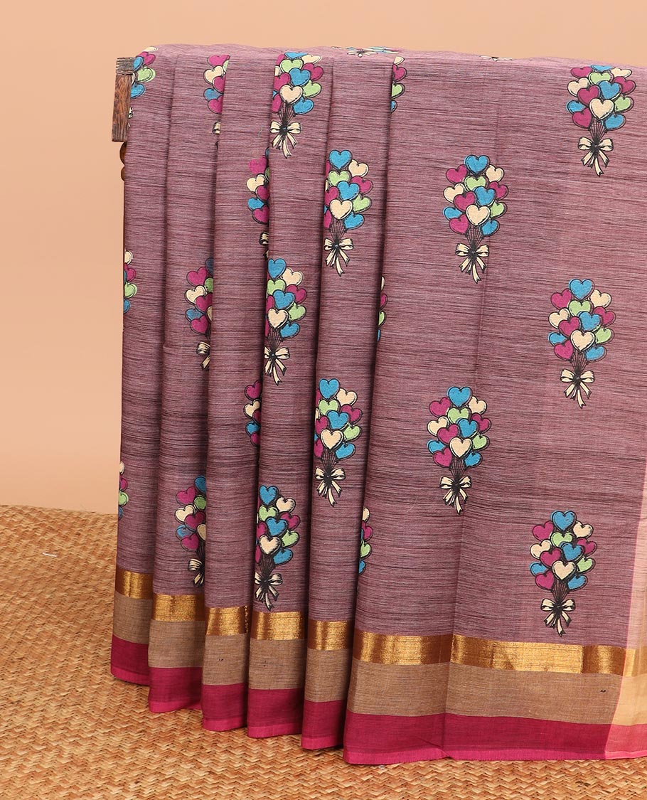 Brown heart ballon bouquet printed Chirala cotton saree, contrast border and pallu of geometric print