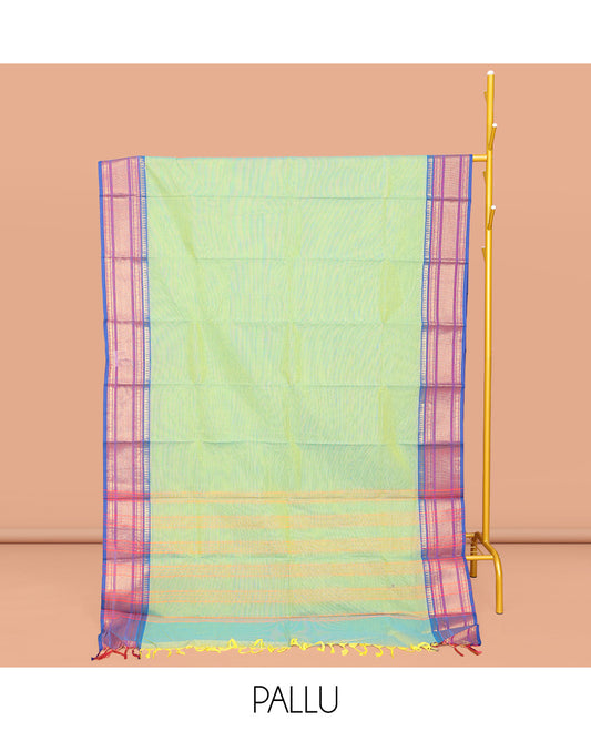 Green Plain Chettinad Cotton Saree, Complemented by a Contrast Traditional Zari Design Border, Striped Pallu, and Paired with a Matching Blouse
