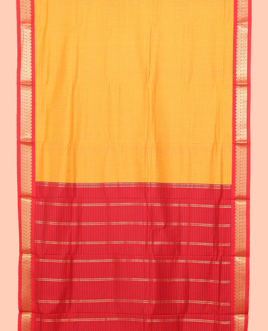 Yellow Striped Nine Yard Cotton Saree, Complemented by Contrast Traditional Zari Border, Pallu of Stripes, and Comes Without a Blouse