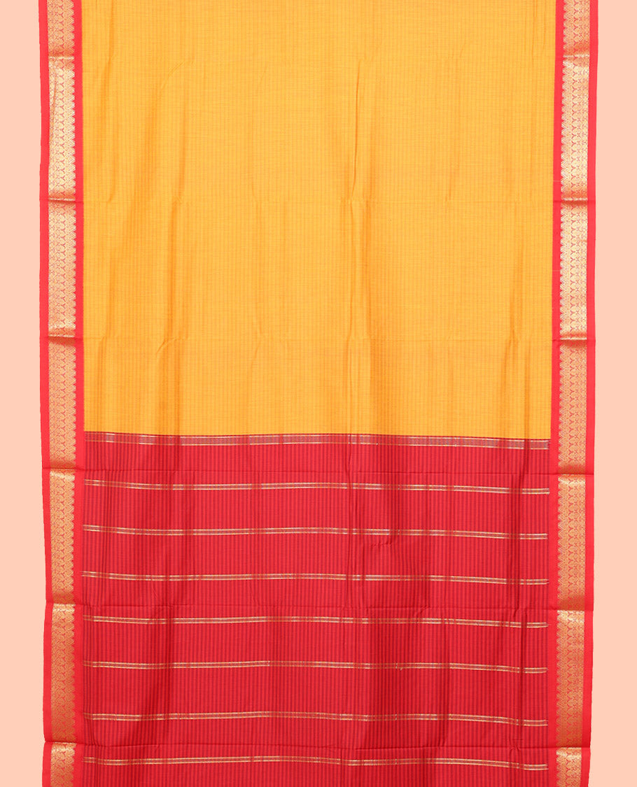 Yellow Striped Nine Yard Cotton Saree, Complemented by Contrast Traditional Zari Border, Pallu of Stripes, and Comes Without a Blouse