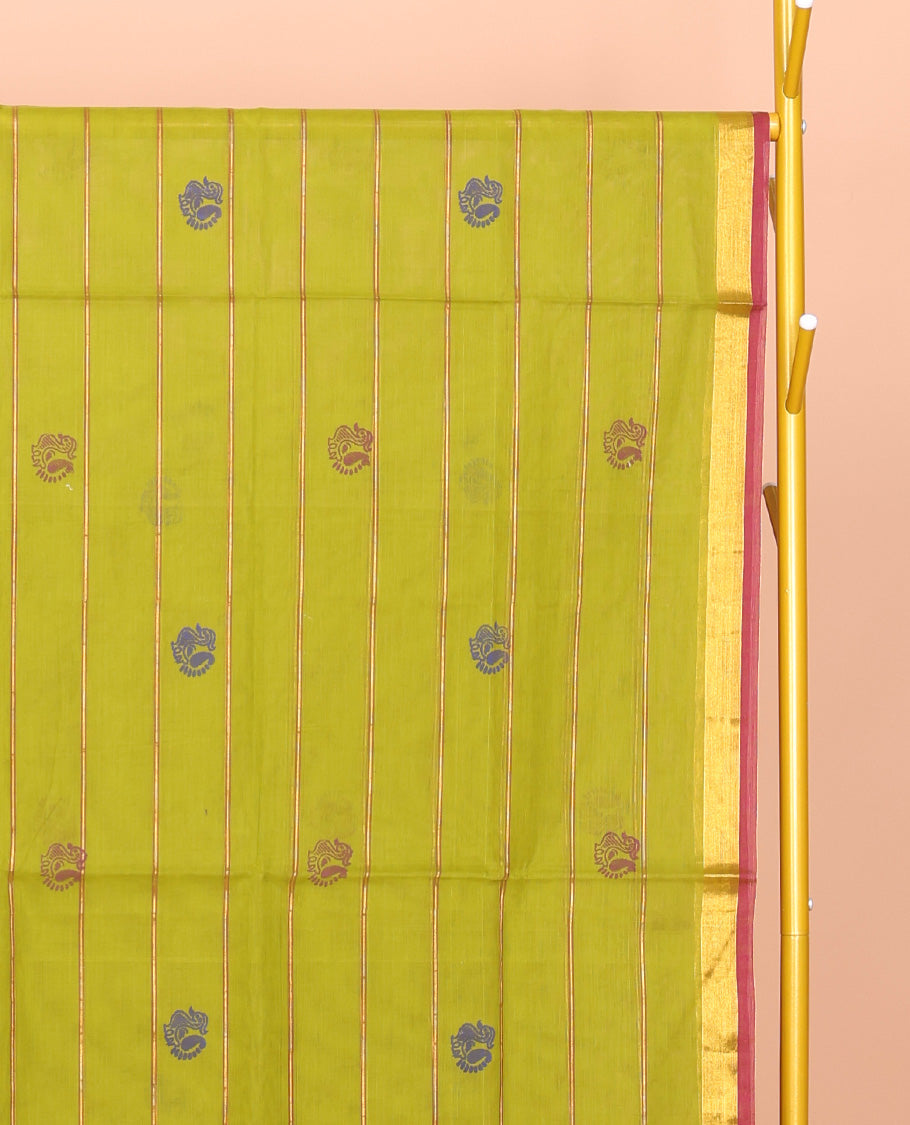 Green Venkatagiri Cotton Saree, Detailed with Peacock Buttas and Stripes, a Contrast Peacock Zari Border, Pallu of Buttas and Stripes, and No Blouse