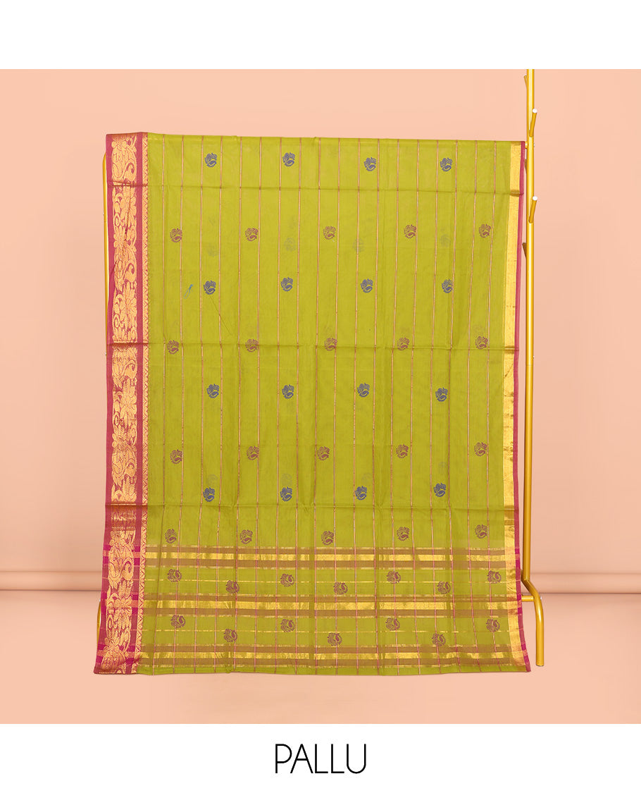 Green Venkatagiri Cotton Saree, Detailed with Peacock Buttas and Stripes, a Contrast Peacock Zari Border, Pallu of Buttas and Stripes, and No Blouse