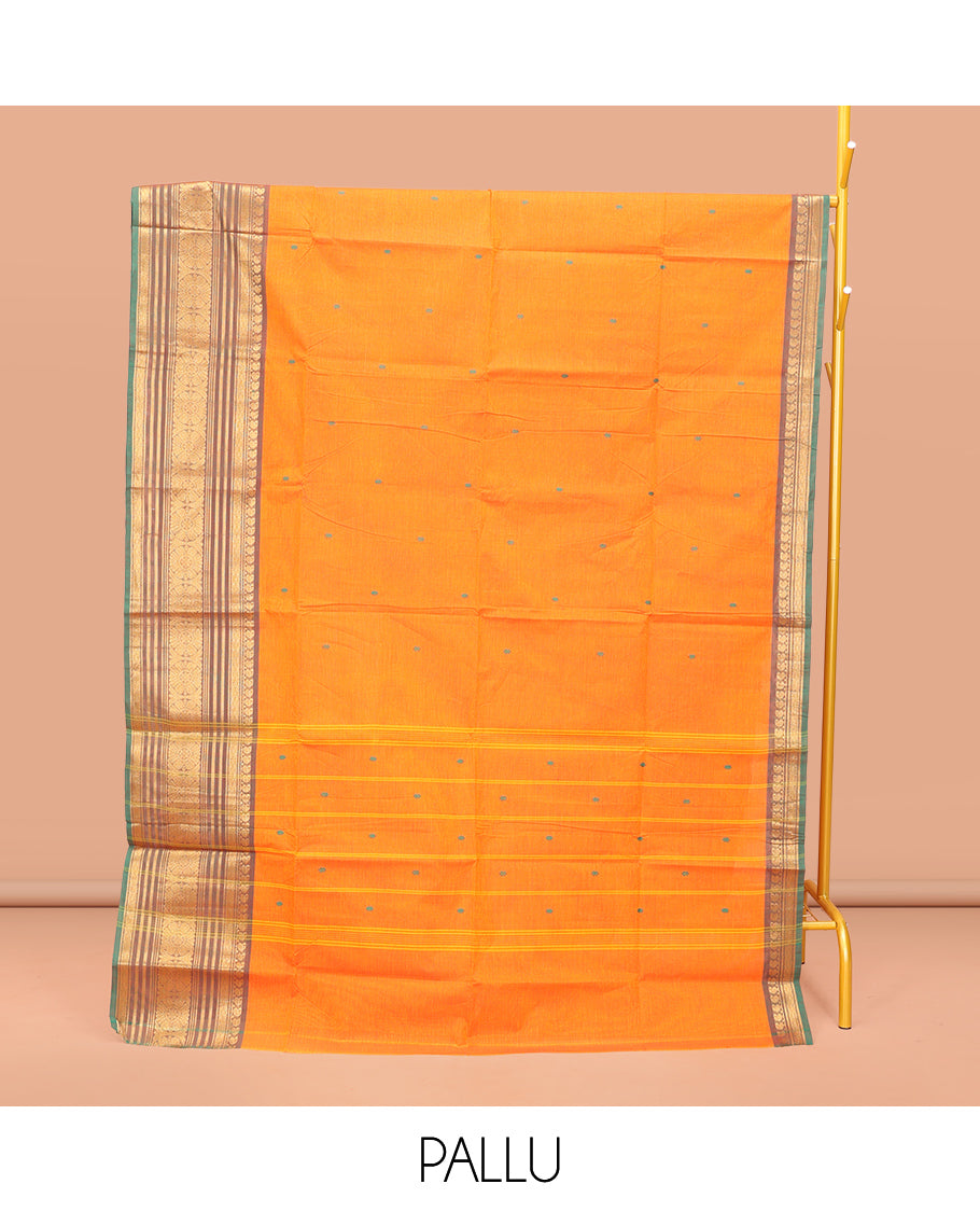 Yellow Chettinad Cotton Saree, Subtly Woven with Thread Buttas All Over Its Body, Complemented by a Contrast Traditional Zari Design Woven Temple Border, Pallu of Stripes, and Paired with a Matching Blouse