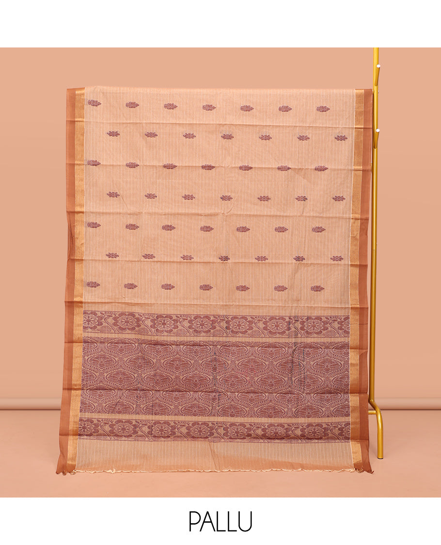 Sandal Kanchi Cotton Saree Showcasing Buttas and Stripes on Its Body, Contrast Border, Ogee-Patterned Pallu, and a Matching Blouse
