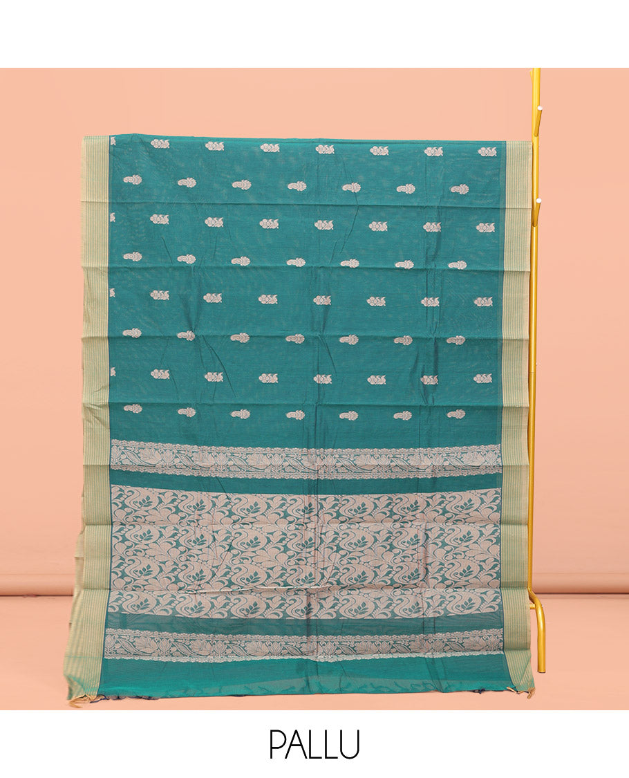 Green Kanchi Cotton Saree, Accentuated with Buttas All Over Its Body, Complemented by Contrast Border, Paisley Design Pallu, and Paired with a Matching Blouse