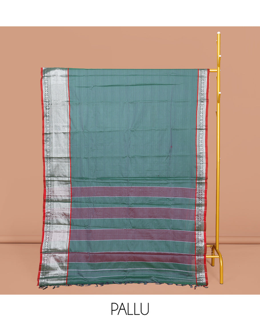 Green Striped Narayanpet Cotton Saree, Complemented by a Contrast Traditional Design Border, Striped Pallu, and Comes Without a Blouse