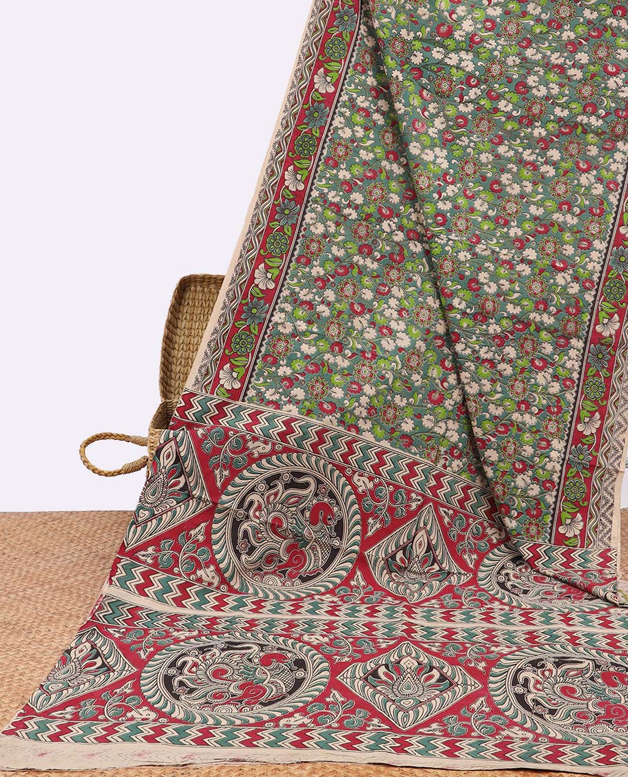 Green floral vine design machine printed kalamkari cotton saree with contrast floral border & intricate design pallu