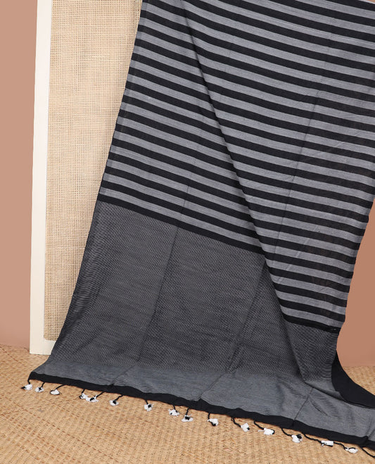 Borderless black & cement grey color striped Kadhi cotton saree, plain design pallu