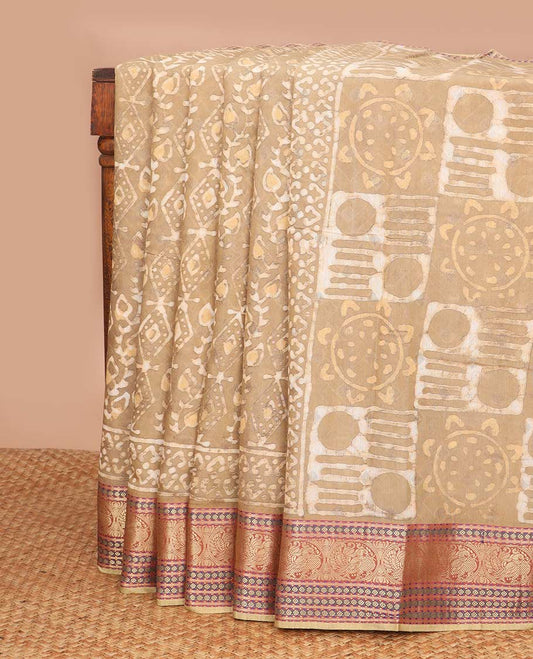 Pale brown batik floral design chanderi cotton saree with self zari design border & striped, floral design pallu