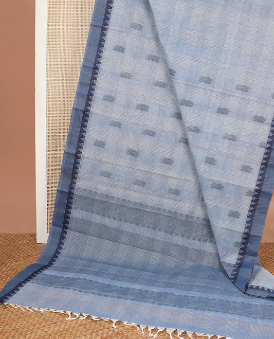 Blue checked, motifs kanchi cotton saree with contrast border & checked design pallu