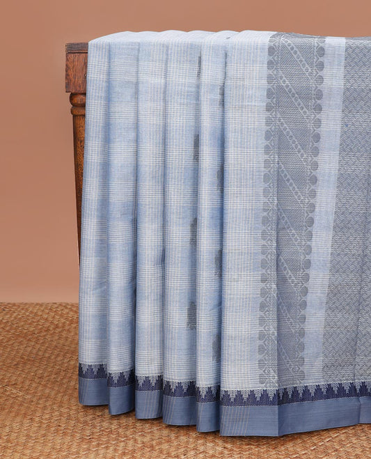 Blue checked, motifs kanchi cotton saree with contrast border & checked design pallu