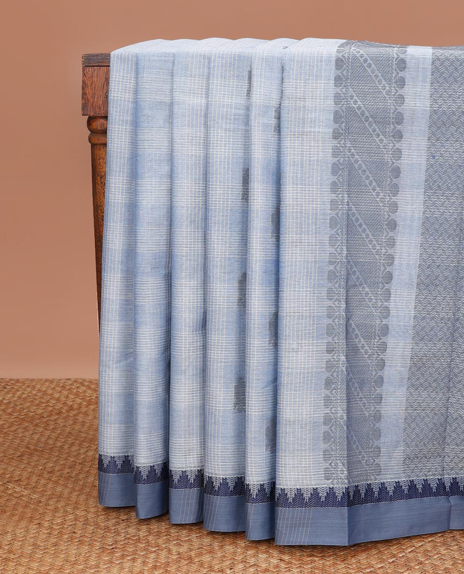 Blue checked, motifs kanchi cotton saree with contrast border & checked design pallu