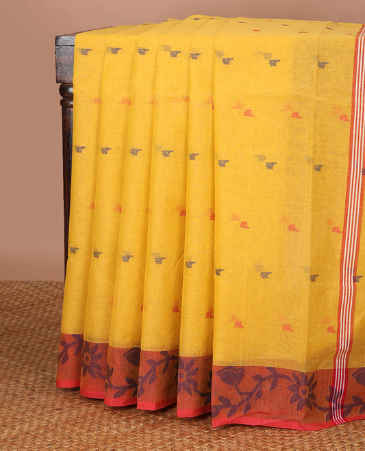 Yellow motifs bengal cotton saree with contrast floral design border & striped, floral motifs pallu