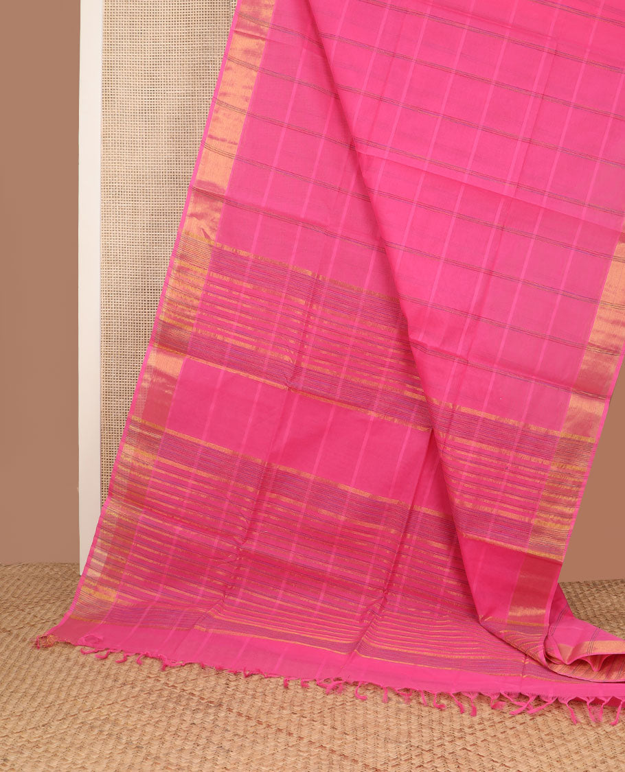 Pink checked jute cotton saree, zari border & striped pallu