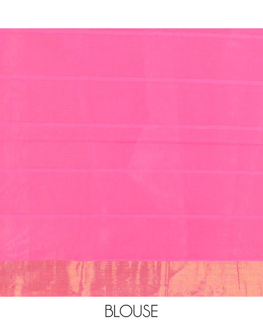 Pink checked jute cotton saree, zari border & striped pallu