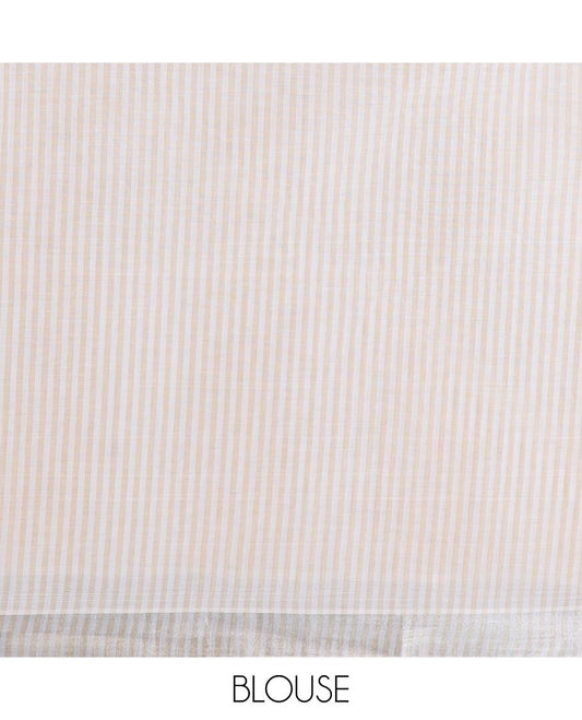 Light sandal and white striped jute cotton saree, striped border and striped pallu