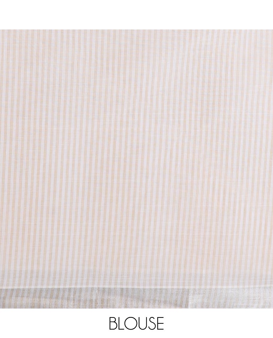 Light sandal and white striped jute cotton saree, striped border and striped pallu