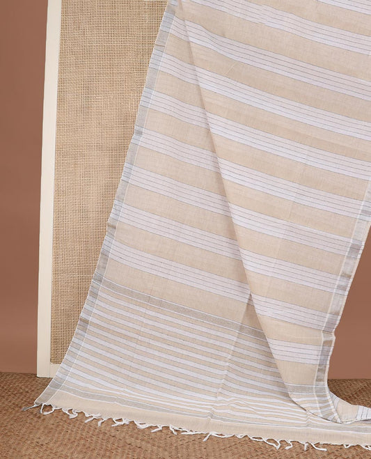 Light sandal and white striped jute cotton saree, striped border and striped pallu