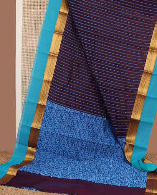 Purple striped semi-silk cotton saree, contrast traditional zari design border & ogee patterned pallu
