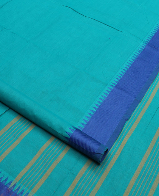Blue plain nine-yard cotton saree, contrast temple border, and striped pallu