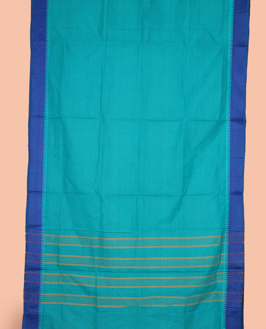 Blue plain nine-yard cotton saree, contrast temple border, and striped pallu