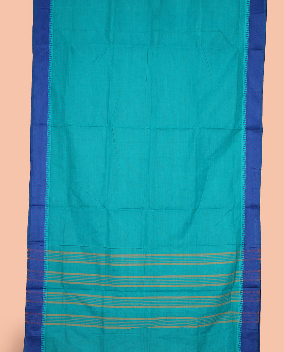 Blue plain nine-yard cotton saree, contrast temple border, and striped pallu