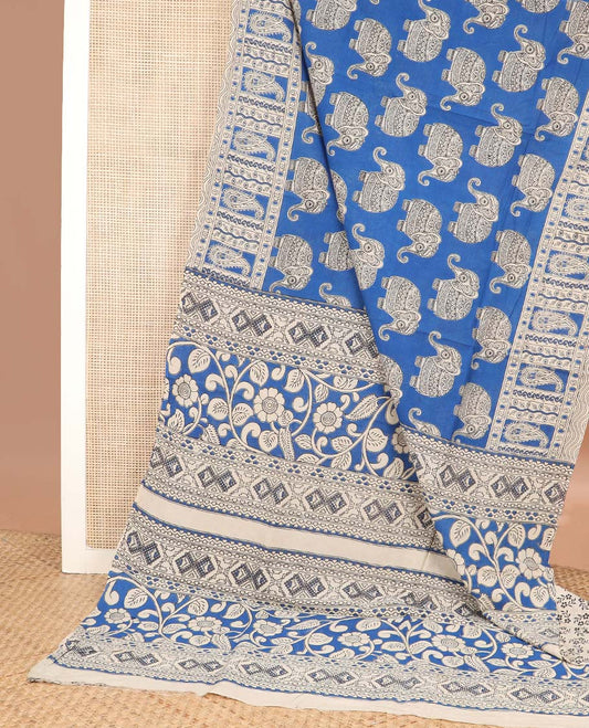 Blue elephant motifs machine printed kalamkari cotton saree, paisley border, and pallu of floral-geometric print