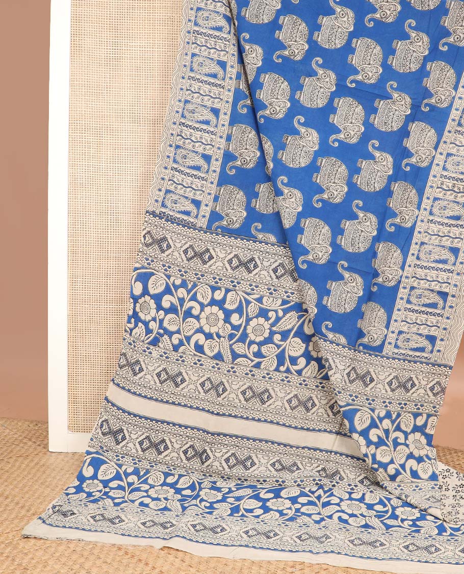 Blue elephant motifs machine printed kalamkari cotton saree, paisley border, and pallu of floral-geometric print