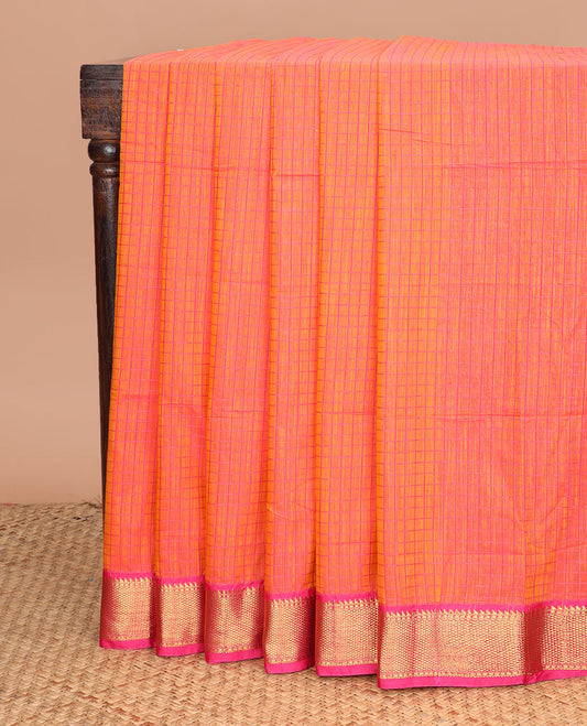 Orange micro checked chirala cotton saree, contrast traditional zari border, and zari design pallu
