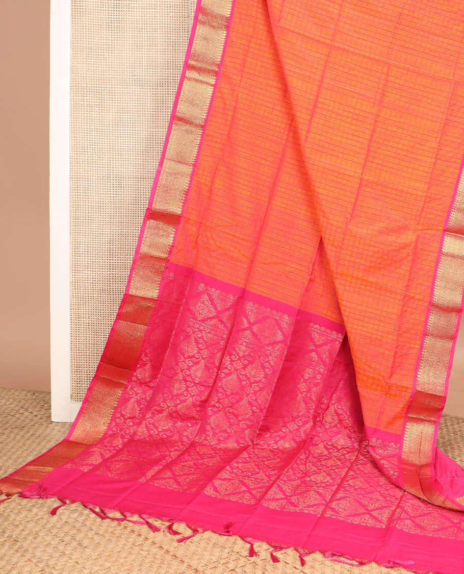 Orange micro checked chirala cotton saree, contrast traditional zari border, and zari design pallu